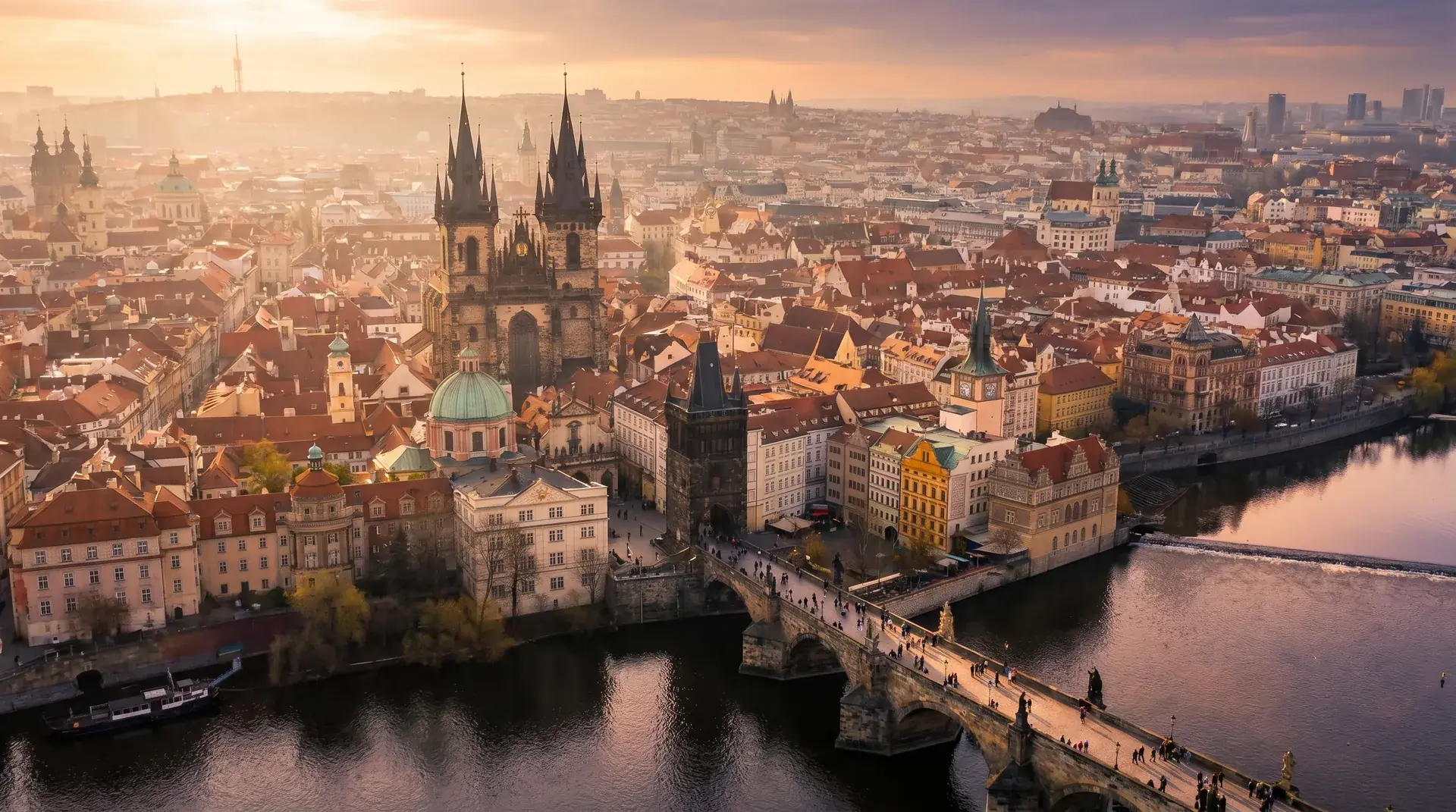 Prague rooftops at golden hour