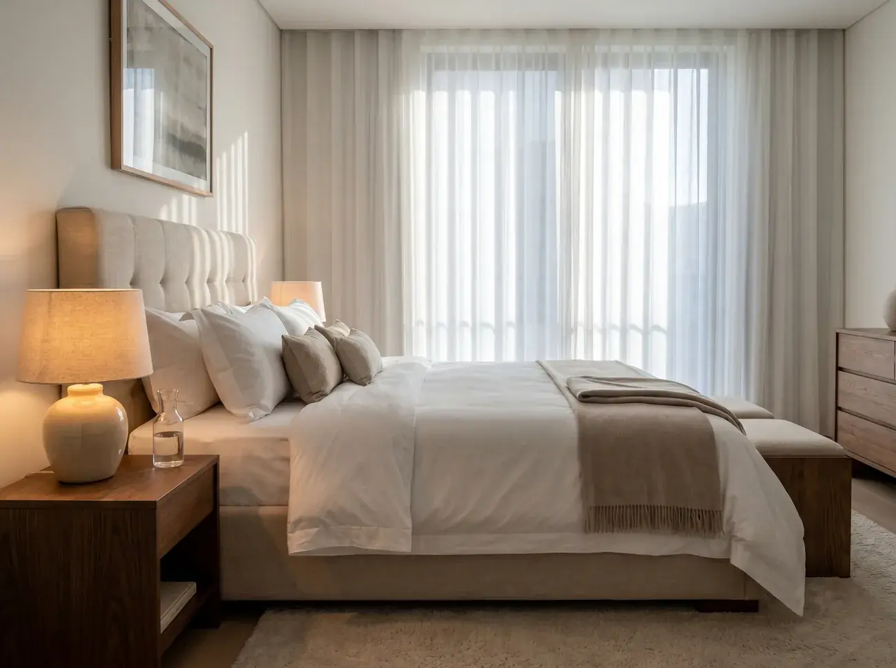 Bedroom with hotel standard linen in a Prague serviced apartment